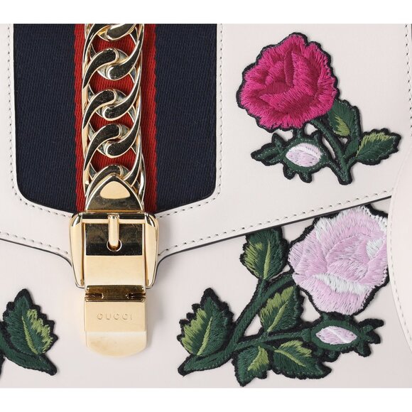 GUCCI Sylvie Shoulder Bag 421882 White Pink Multi Leather Floral Embroidery - Picture 3 of 10